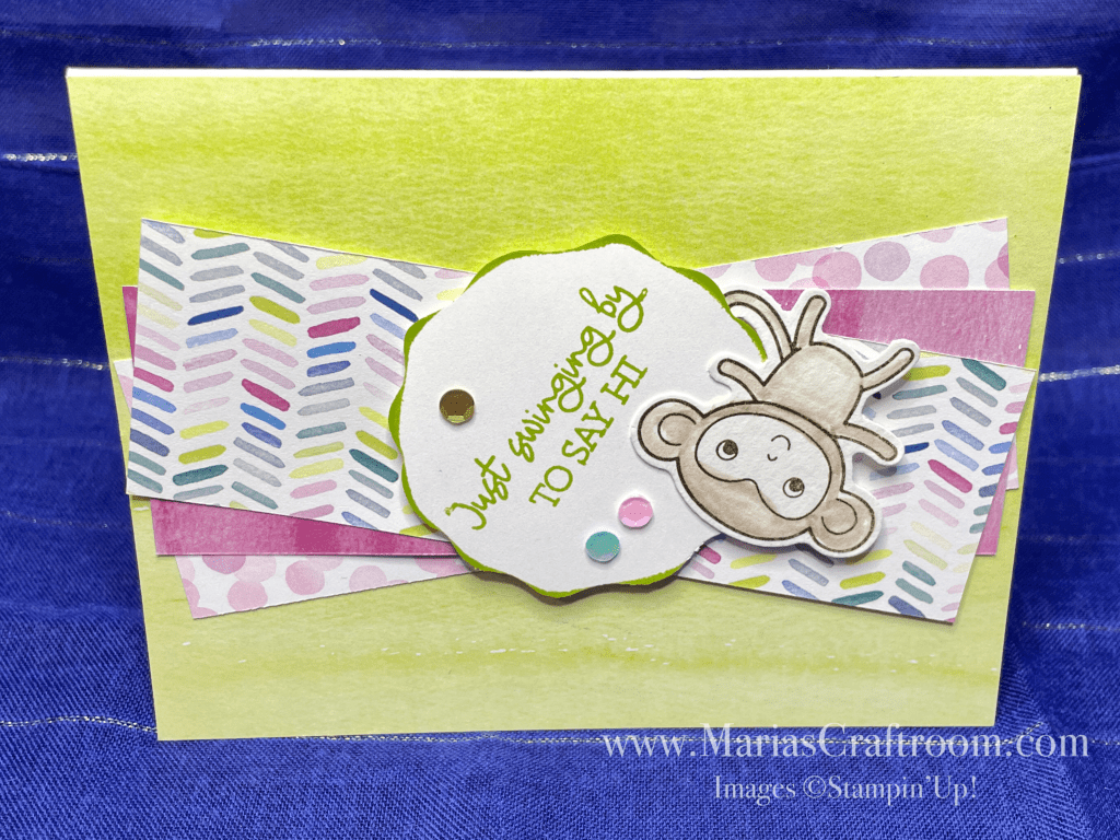 Today we’re using up your scraps to make a beautiful card using Bright and Beautiful Designer Series Paper and Little Monkey Stamp Set. We’ll also use a couple of punches to add some dimension to your project.