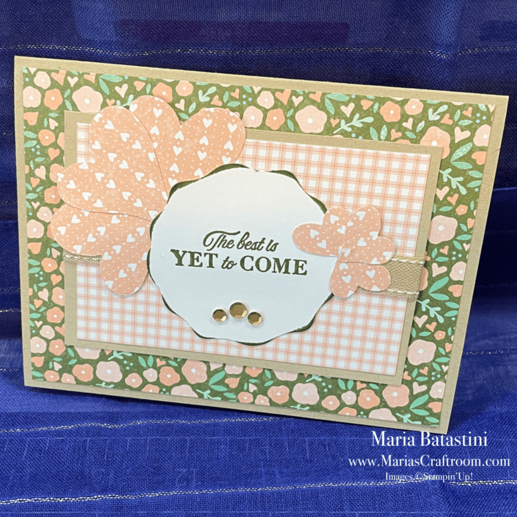 Today we’re making a beautiful card using Celebrating You cling stamp set, Country Lane Designer Series Paper, Country Gingham, and a couple of punches. I like to use what I have, so we are making use of a mostly Valentine style paper to make this card. We will make a shamrock using the Country Bouquet punch as well.